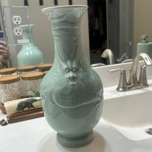 Chinese CELADON GLAZE POTTERY DRAGON RELIEF DECORATION PEDESTAL VASE 12 In tall